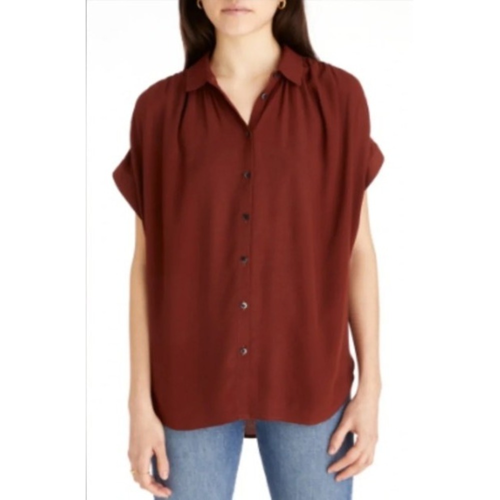Madewell Central Drapey Oversize Mahogany Rust Lagenlook Dolman Button Blouse M